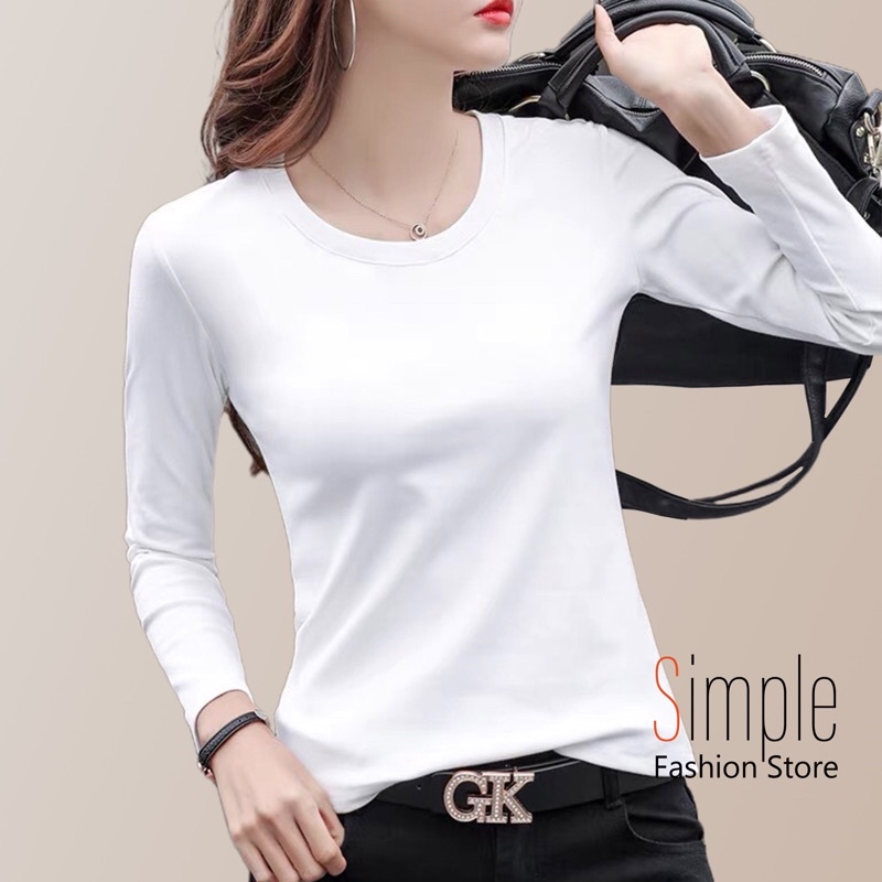 Áo Thun Nữ Simple Cotton Dài Tay Cổ Tròn Thu Đông U L O Thấm Hút Mồ Hôi Kiểu Dáng Cơ Bản