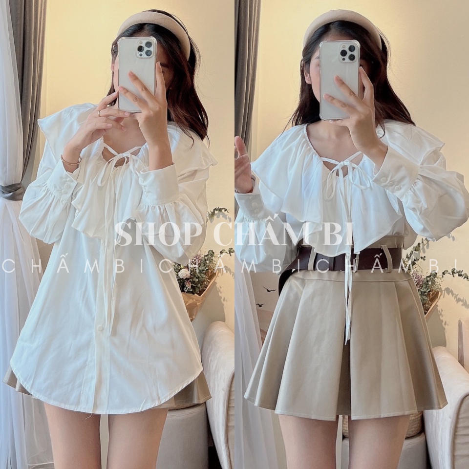 Áo sơ mi nữ cổ bèo A.374, Áo kiểu dáng dài cổ chữ V dài tay thắt nơ nhỏ bánh bèo nữ tính - Thời trang nữ Chấm Bi