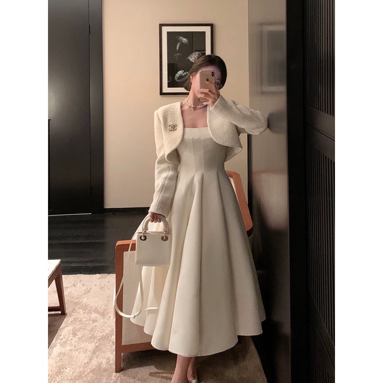 Váy Tiểu Thư Bồng Xòe Siêu Tôn Eo Sang Chảnh, Đầm Dự Tiệc Kèm Khoác Dạ Tweed Dáng Lửng Sang Chảnh - Aurora