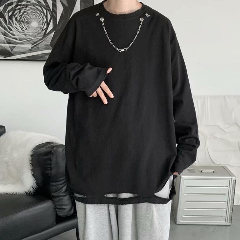 Áo Thun Hiphop Đường Phố Âu Mỹ 2021 Có Dây Xích Dáng Rộng Thời Trang Xuân Thu Cho Nam * !