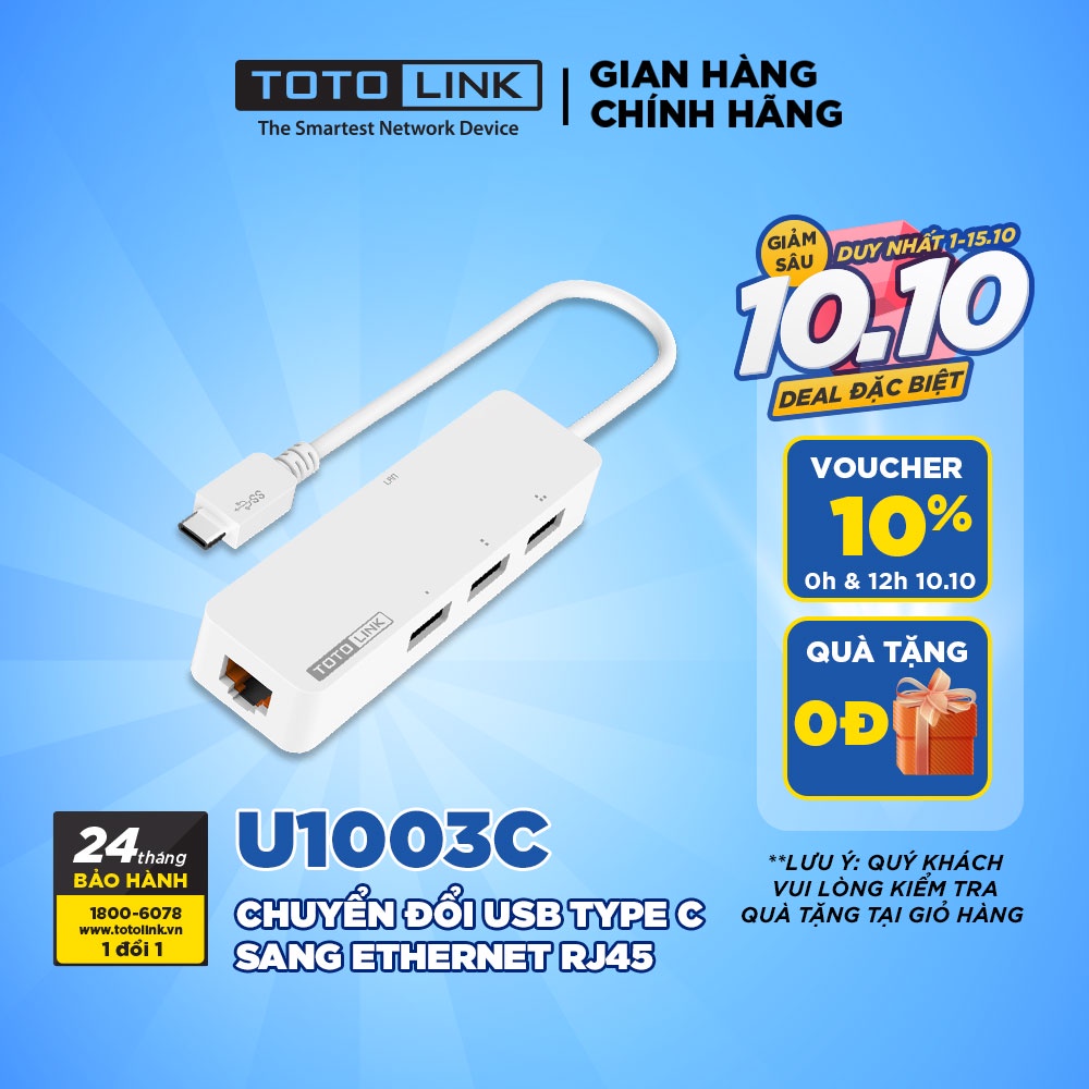 Bộ chuyển đổi USB Type-C sang Ethernet RJ45 Gigabit và 3 cổng USB 3.0 TOTOLINK U1003C