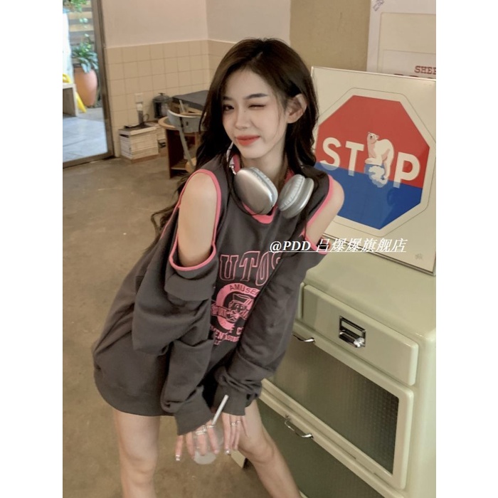 Áo Hoodie Lửng Dáng Rộng Hở Vai Màu Tương Phản Thời Trang Mùa Thu 2022 Mới Cho Nữ