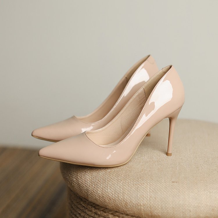 Giày Cao Gót Mũi Nhọn Chất Liệu Da Bóng Màu Nude Thời Trang Cho Nữ