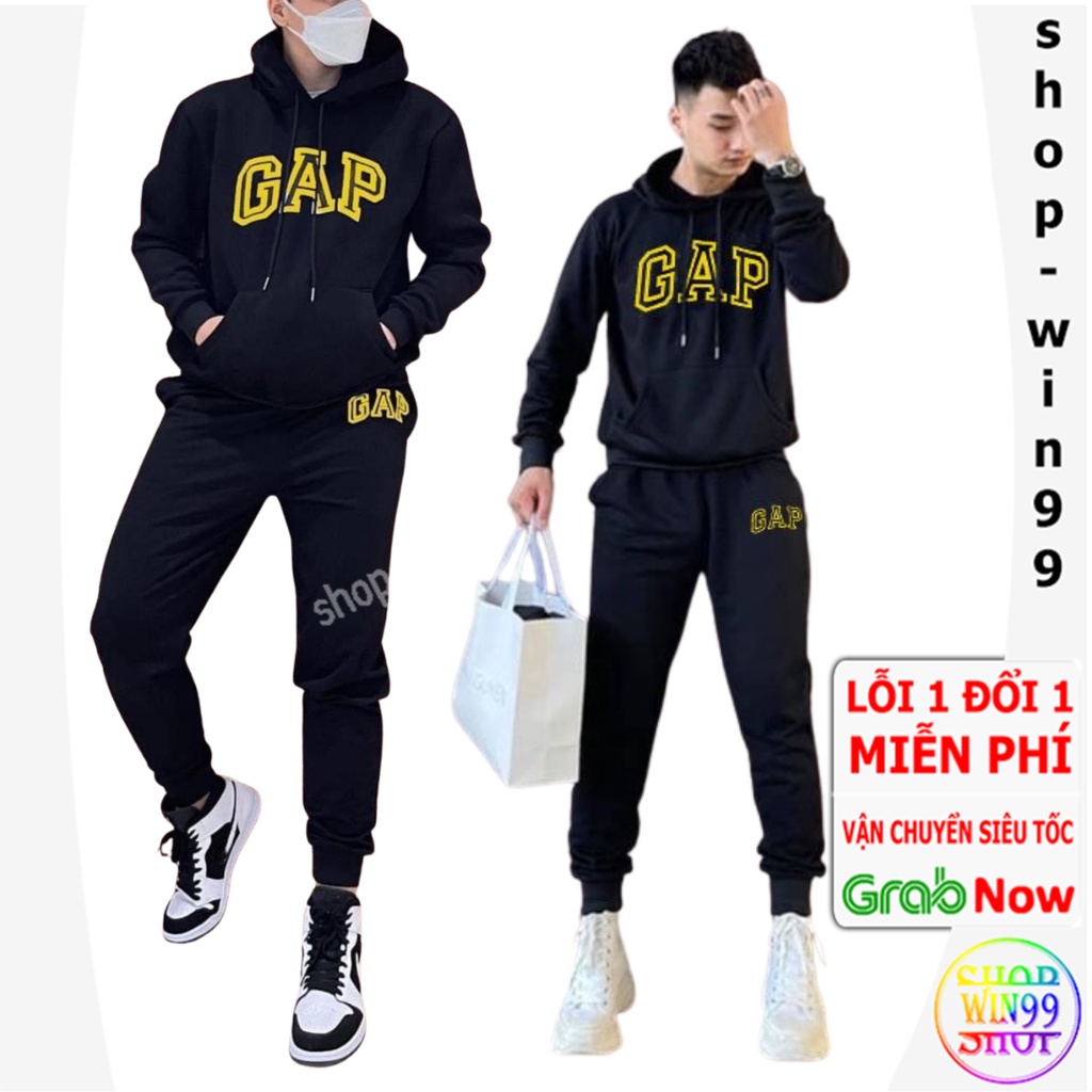Bộ Nỉ Nam Nữ Thu Đông In Chữ Gap - Set Đồ Thể Thao Mặc Nhà Unisex, Áo Khoác Hoodie Sweter Dài Tay Có Nón Quần Jogger WIN