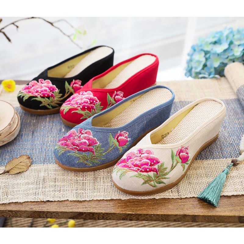 Dép Cao Gót Vải Lanh Thêu Họa Tiết Đính Đá 2 Hàng Ngàn Thời Trang Mùa Hè Cho Nữ EthA7