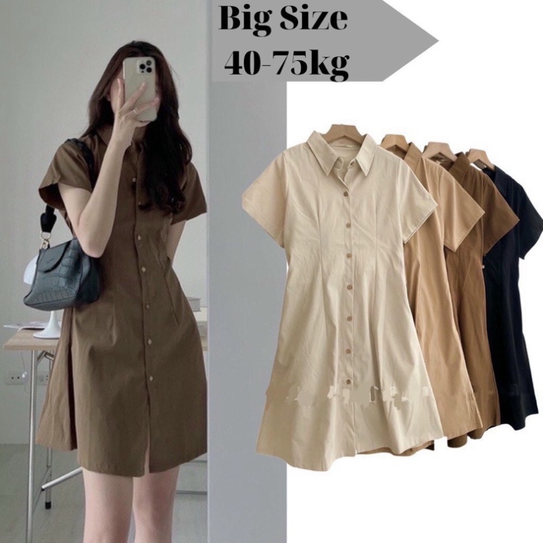 (Siêu Hot) Váy Đầm Sơ Mi Nữ Gài Cúc Chiết Eo Lưng Chun Có Big Size