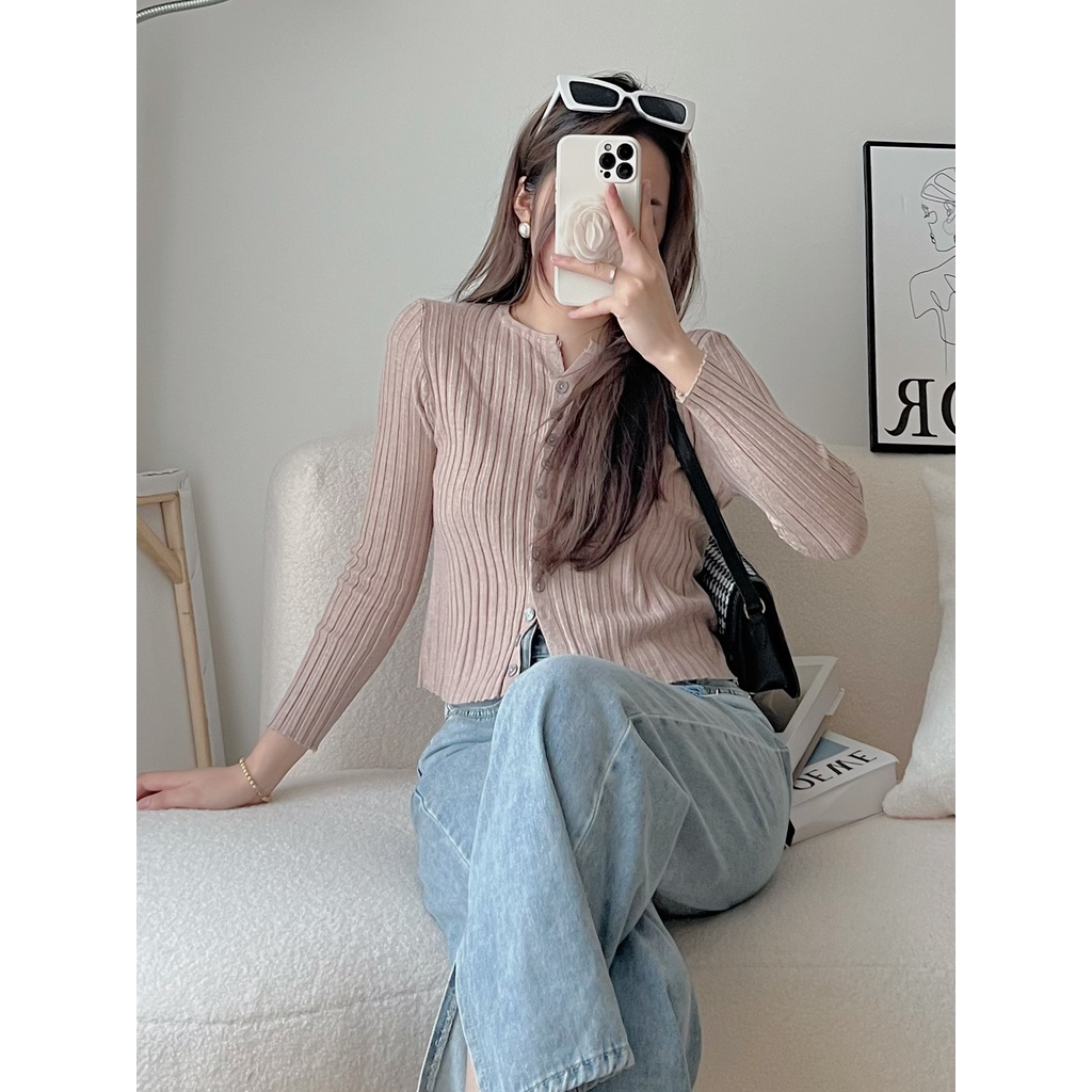 [SẴN/VIDEO] Áo Len Gân Dài Tay Cúc Dọc Cổ V Dáng Ngắn