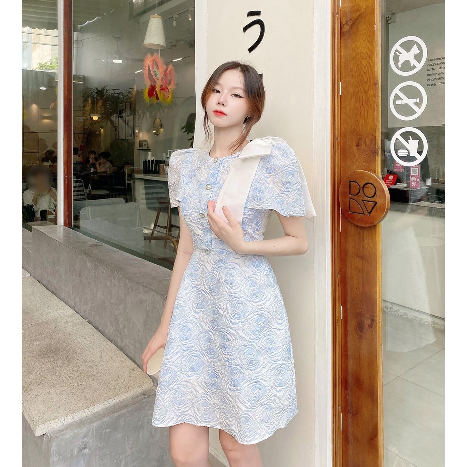 Đầm dự tiệc sang trọng chữ a thiết kế cao cấp đẹp tay áo choàng sang chảnh họa tiết hoa hồng nổi đi tiệc đi chơi - Lux W