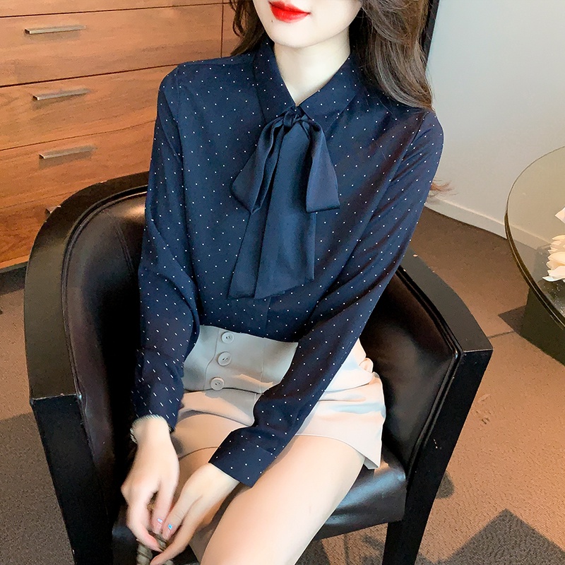 Áo Sơ Mi Chiffon Tay Dài Thắt Nơ Họa Tiết Chấm Bi Thời Trang Dành Cho Nữ