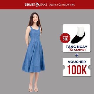 Đầm váy jeans genviet nữ xếp ly xòe chất bò mềm cao cấp thiết kế dáng sát nách xd427j2086