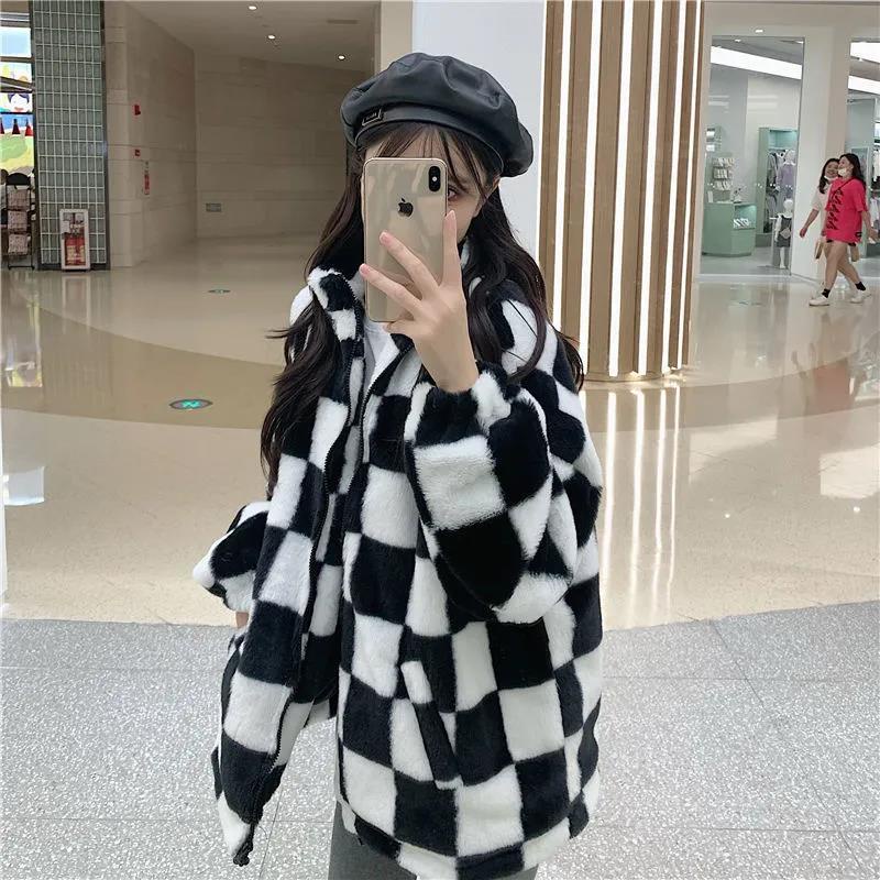 Áo Khoác Lông Cừu Dáng Rộng Sọc Ca Rô Đen Trắng Thời Trang Mùa Đông Ấm Áp