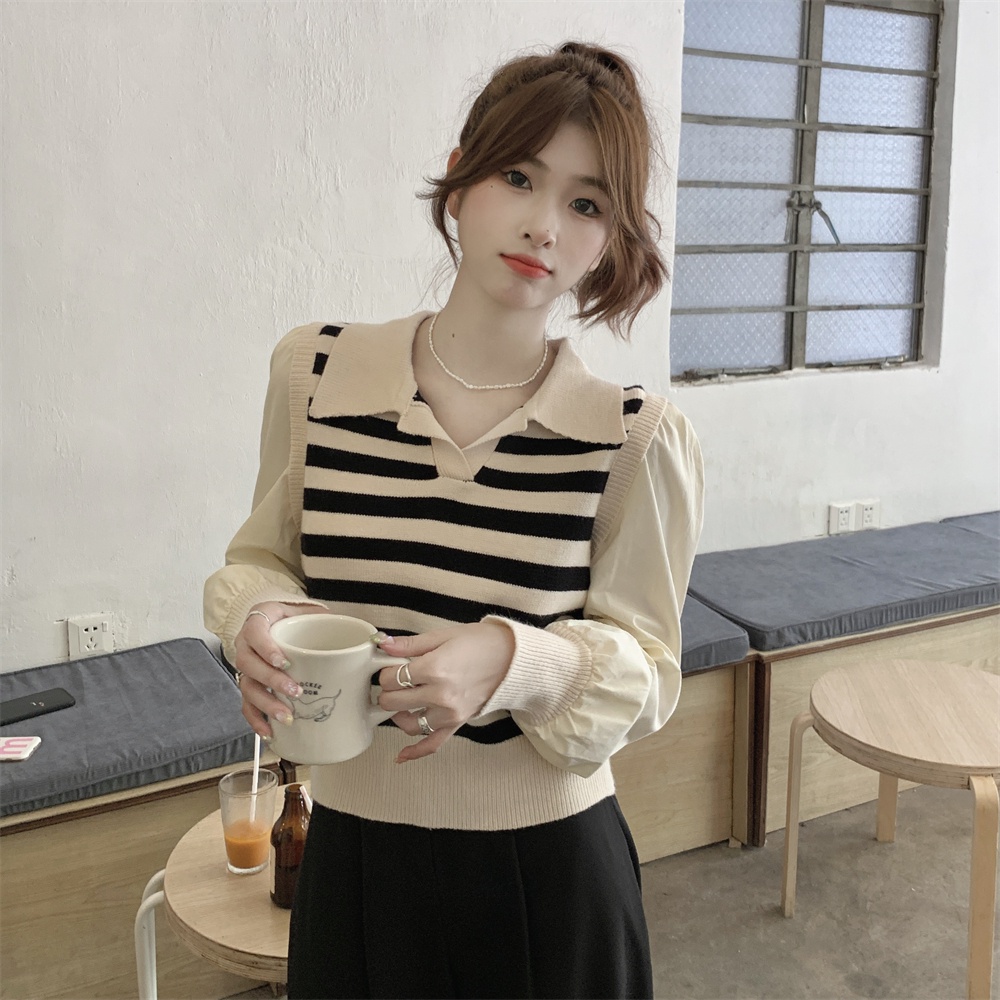ZHELIHANGFEI Áo Thun POLO Dài Tay Giả Hai Lớp Họa Tiết Sọc Thời Trang Dành Cho Nữ