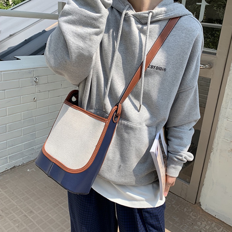 Ielgy Túi Xách bucket Vải Bố Sức Chứa Lớn Màu Sắc Tương Phản Đa Ứng Dụng Cho Nữ