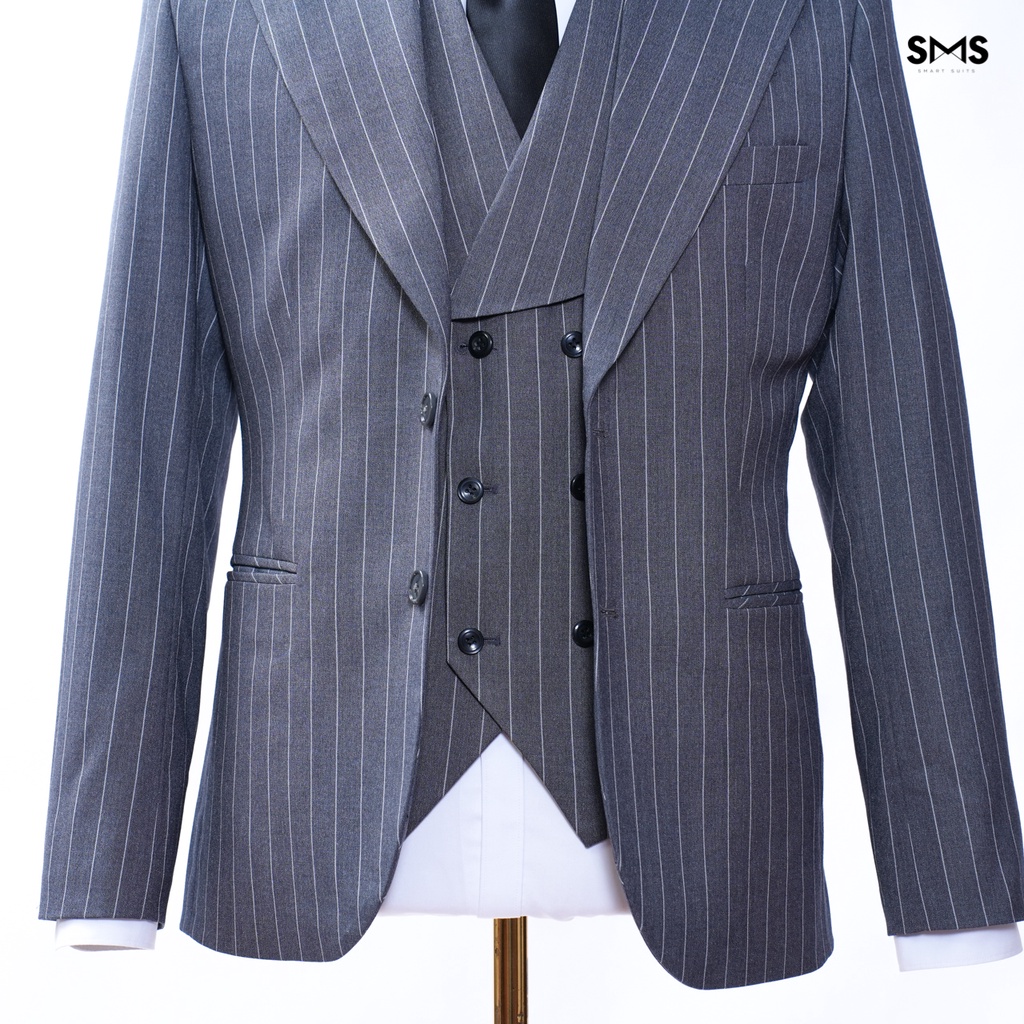 Vest nam xám sáng kẻ sọc 2 khuy 3 túi phối quần sidetab, suits sartorial, chuẩn form Smart Suits