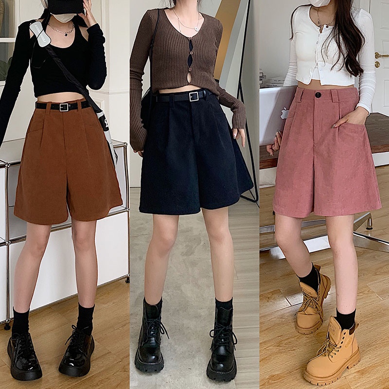 Quần short SUXI nhung kẻ lưng cao dáng rộng thời trang mùa thu cho nữ