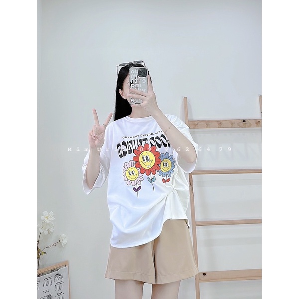[Sẵn] Set áo thun trắng in hình form rộng + quần short nude cá tính