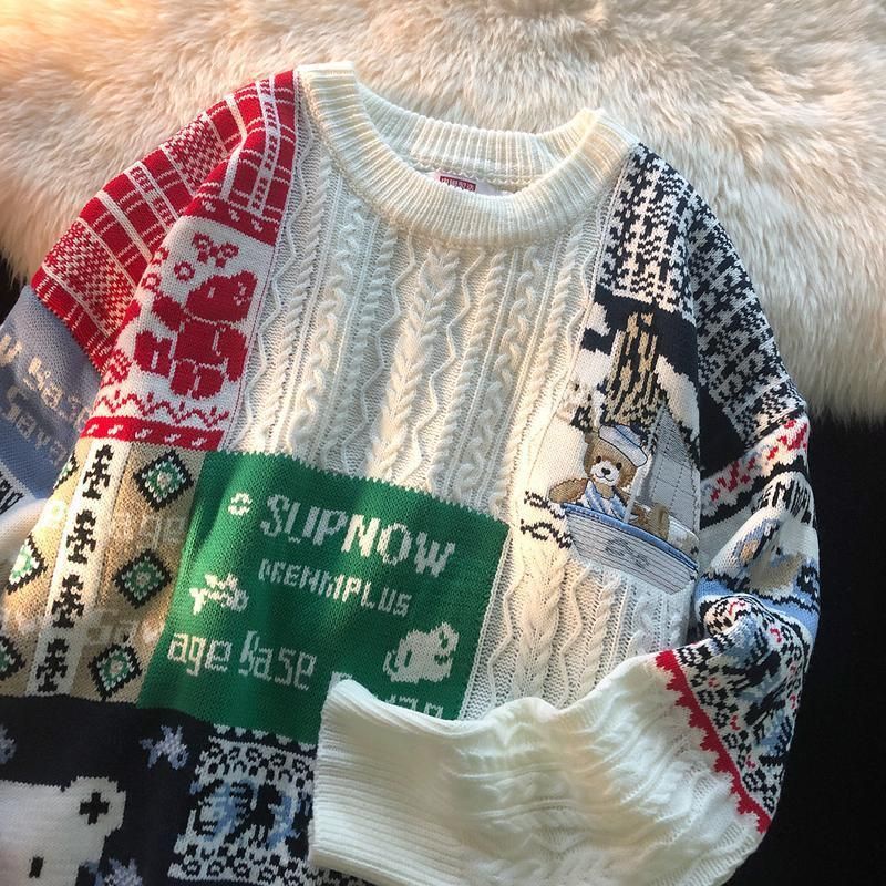 Áo len dài tay hai màu, hoạ tiết gấu giáng sinh