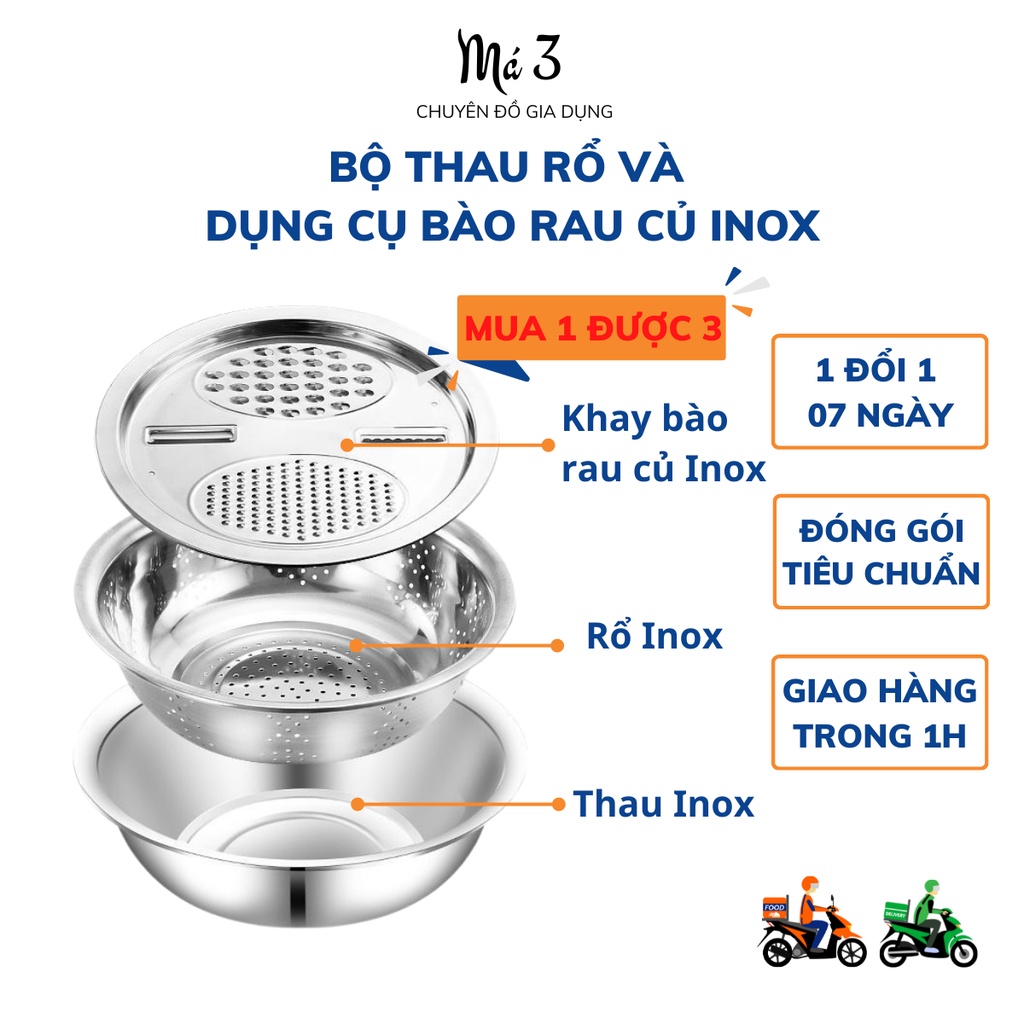 Bộ thau rổ inox, dụng cụ bào rau củ kèm thau rổ