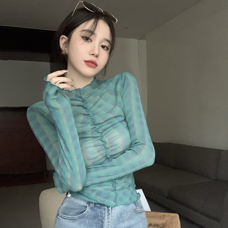 Áo Lưới Tay Dài Cổ Lọ Trong Suốt Thời Trang Mùa Hè Phong Cách Hàn Quốc