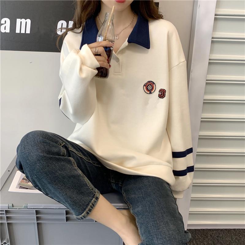 Áo Hoodie Lông Dày Dặn Cổ Bẻ Dáng Rộng In Họa Tiết Phối Nút Thời Trang Hàn Quốc