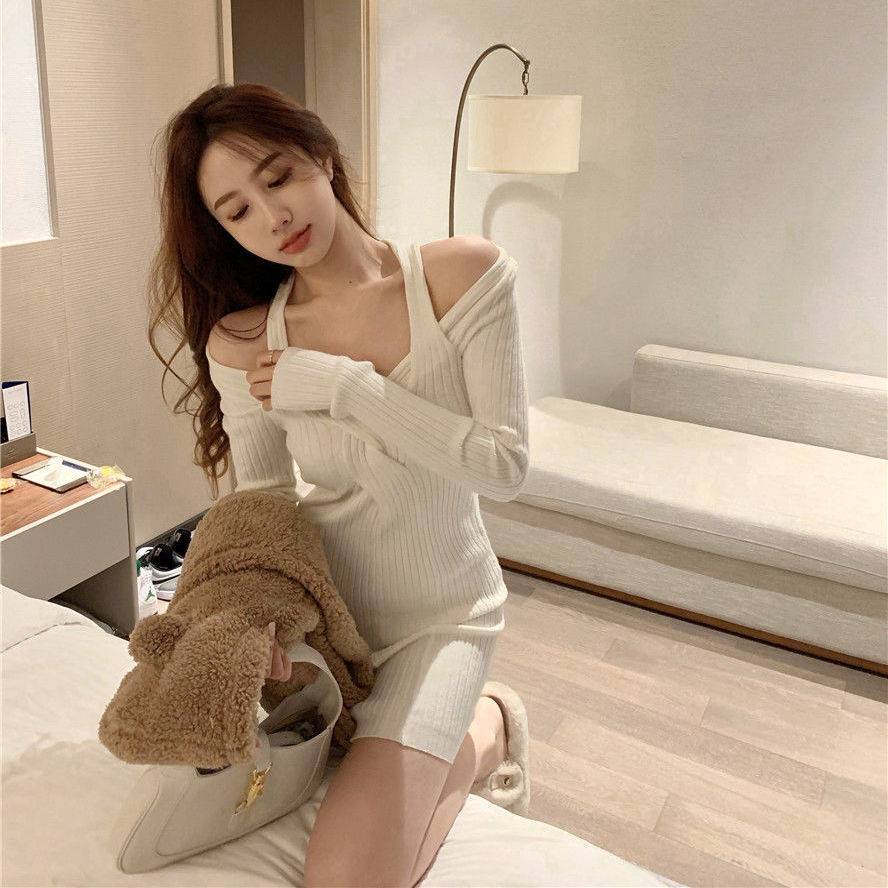 Váy body Đầm body Đầm Dệt Kim Tay Dài Hở Vai Màu Xám / Xanh Dương Thời Trang Mùa Thu Hàng Mới 2021 Dành Cho Bạn Nữ