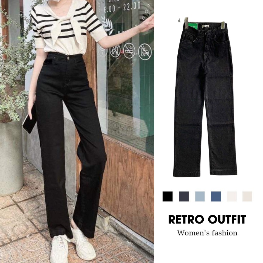 Quần jean nữ ống đứng màu đen cơ bản chất bò dày dặn co dãn RD04