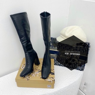 Giày boot gối gót vuông da mềm lót nỉ