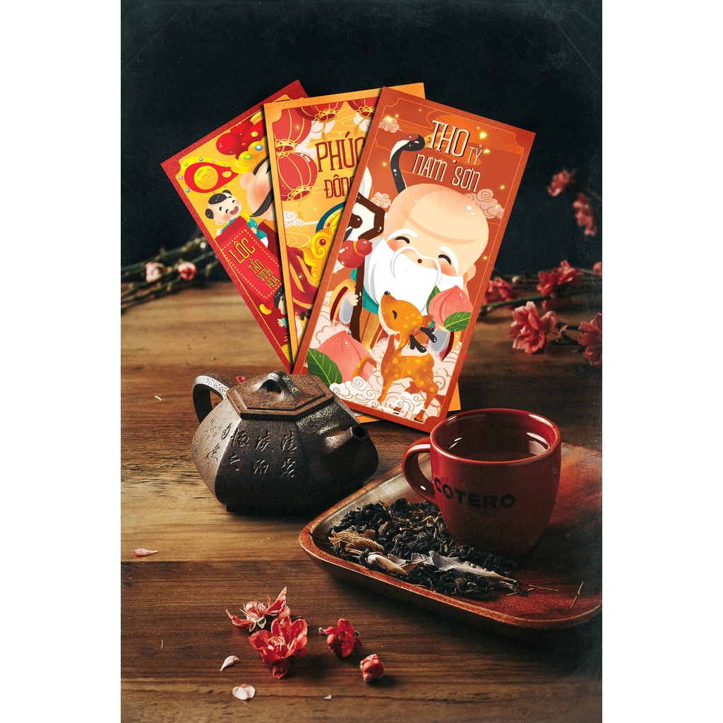 Sét 12 Bao Lì Xì Tết thiết kế đặc sắc - Hình ông Phúc Lộc Thọ - Giấy C150 cán mờ in sắc nét