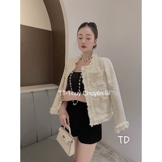 Áo khoác dạ tweed tua rua khuy vàng mã 828
