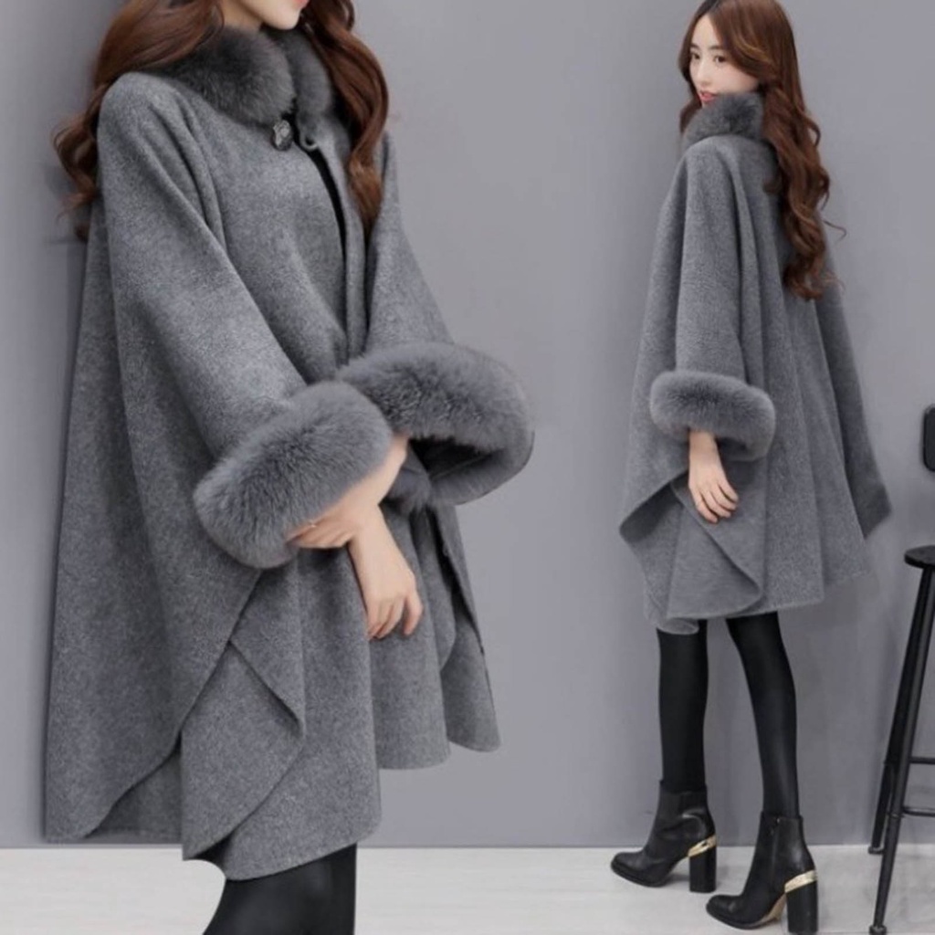 Áo Choàng Poncho Giả Lông Thú Màu Sắc Trơn Giữ Ấm Mùa Thu Đông Cho Nữ