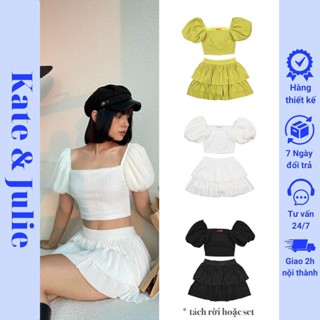 Áo croptop cổ vuông tay phồng may 2 lớp K&J, áo kiểu nữ cổ vuông chất liệu vải voan mềm mại mặc siêu thoáng mát