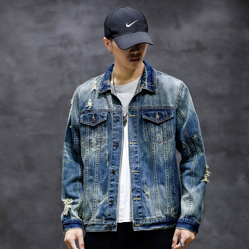 Áo Khoác Jeans Tay Dài Phối Vết Rách Thời Trang Đường Phố Cá Tính Cho Nam