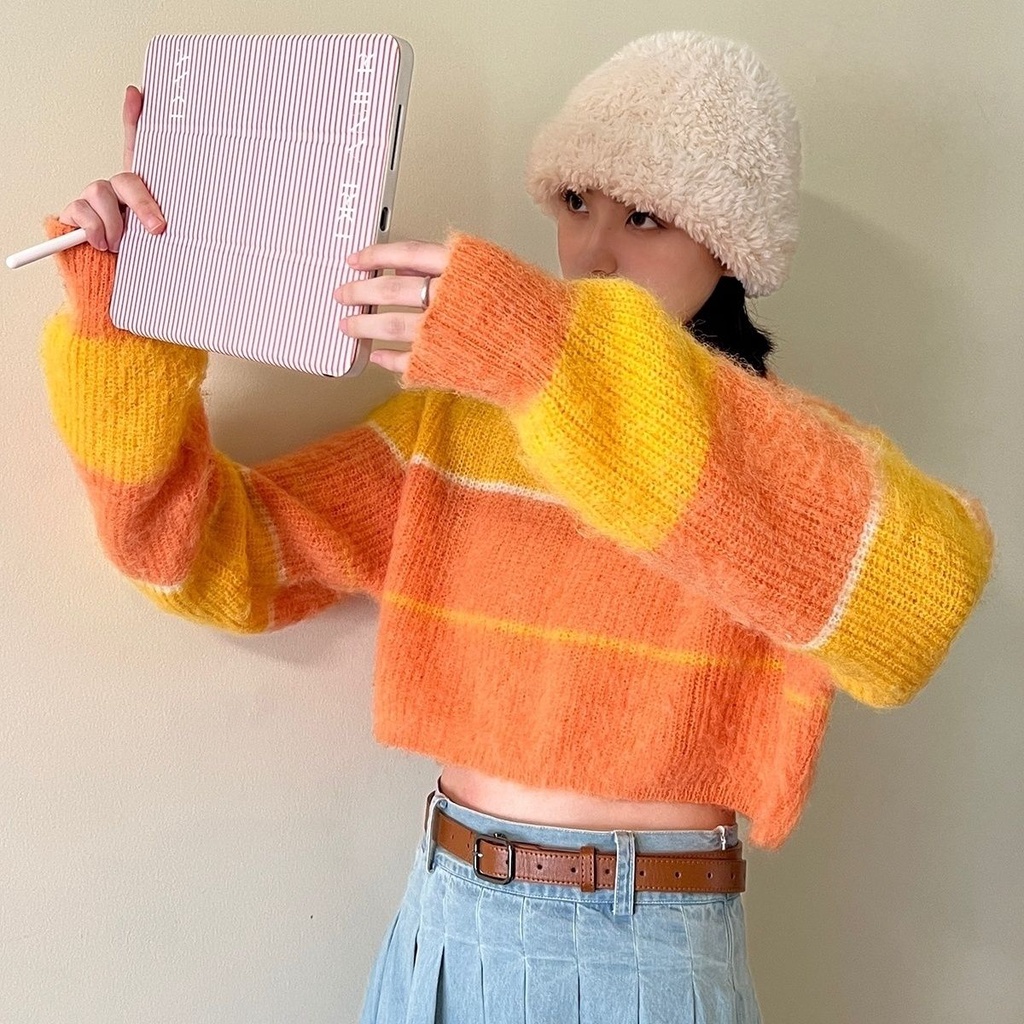 Áo Sweater Tay Dài Dáng Rộng Kẻ Sọc Màu Sắc Tương Phản Phong Cách Retro Hàn Quốc Cho Nữ