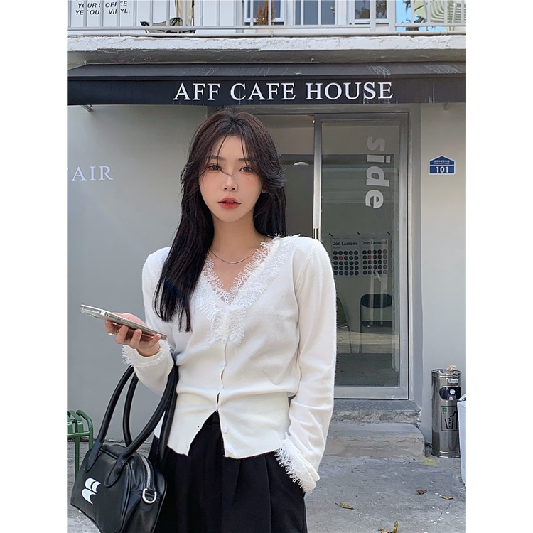 ZHELIHANGFEI Áo Cardigan Dệt Kim Tay Dài Cổ Chữ V Lưng Cao Phối Ren Dễ Phối Đồ
