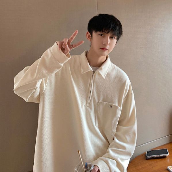 Áo Sweater Tay Dài Dáng Rộng Có Khóa Kéo Phong Cách Hồng Kông Cá Tính Cho Nam