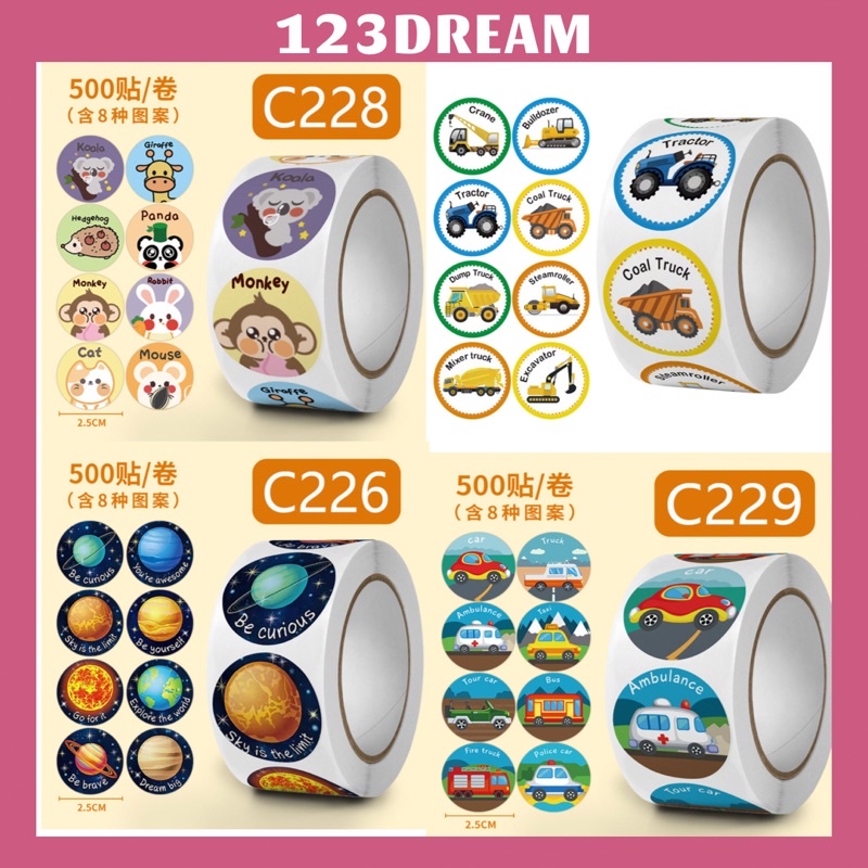 Cuộn 500 nhãn dán sticker hình con vật size 2.5cm