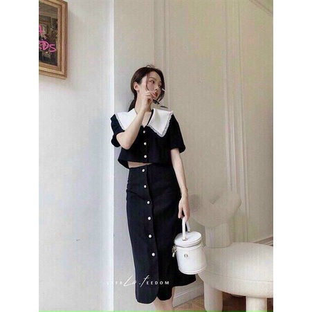 Sét Bộ Kate Chân Váy Dài Áo Kiểu Cổ Bèo Màu Đen Trắng Đơn Giãn