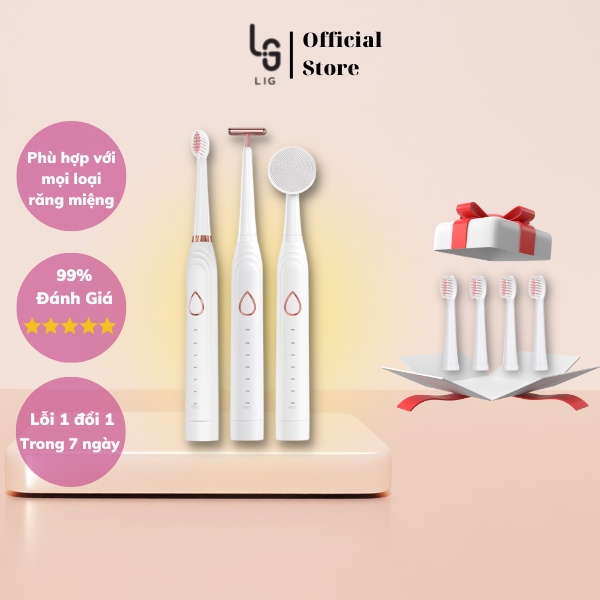 Bàn chải đánh răng điện 3 trong 1 LIG 6 chế độ phù hợp với mọi loại răng lợi làm sạch trắng sâu với công nghệ sóng âm.