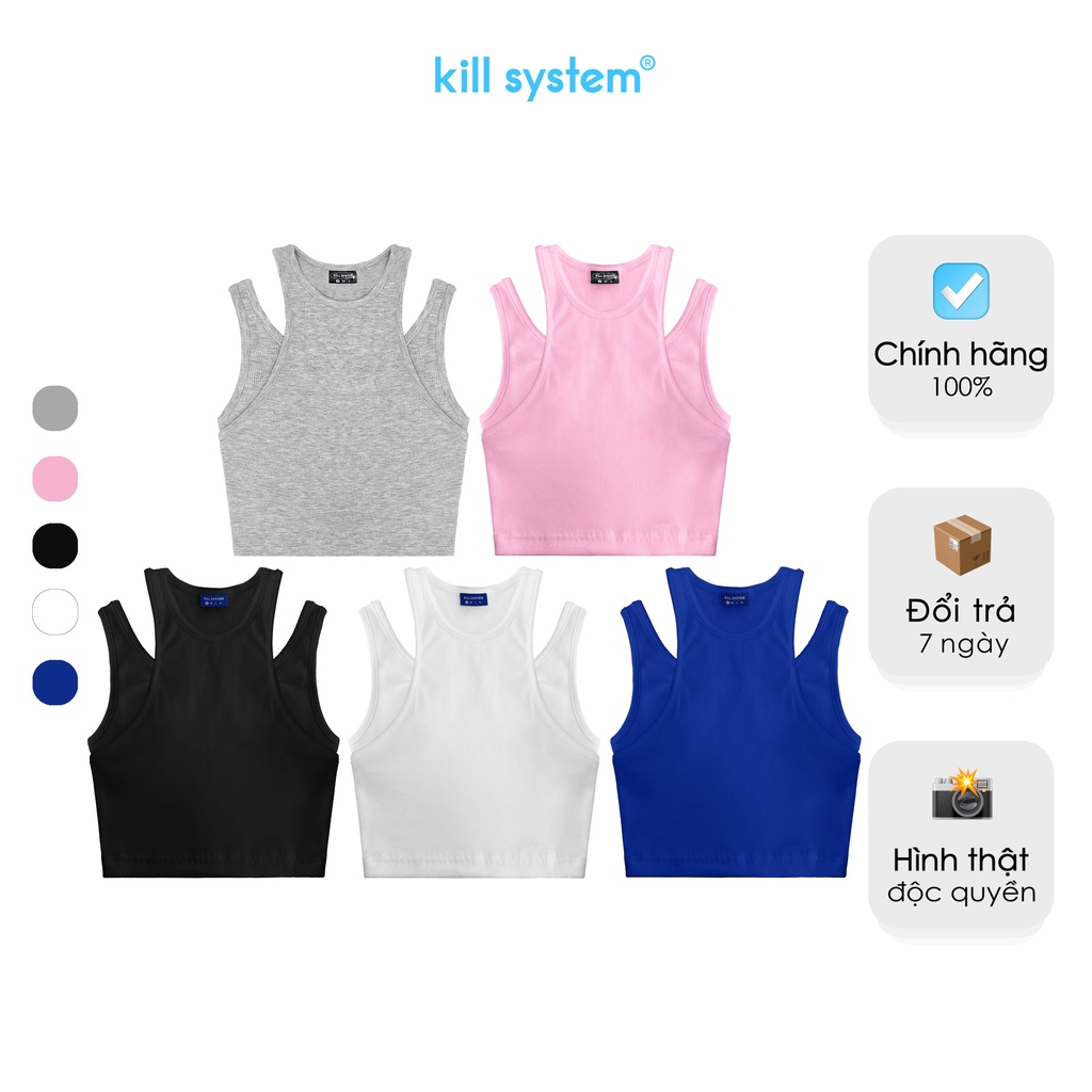 Áo ba lỗ khoét vai, croptop màu xám trơn giả hai áo, thun co giãn KillSystem