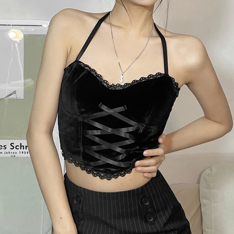Áo croptop KLIOU hai dây phối ren hở lưng dáng ôm thời trang đi biển quyến rũ cho nữ