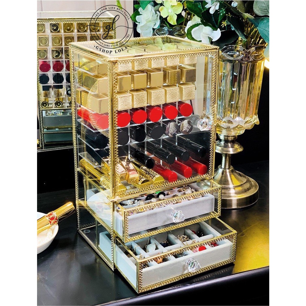 Tủ son gold 66 ô và tủ gold 42 ô son mix ngăn kéo trang sức