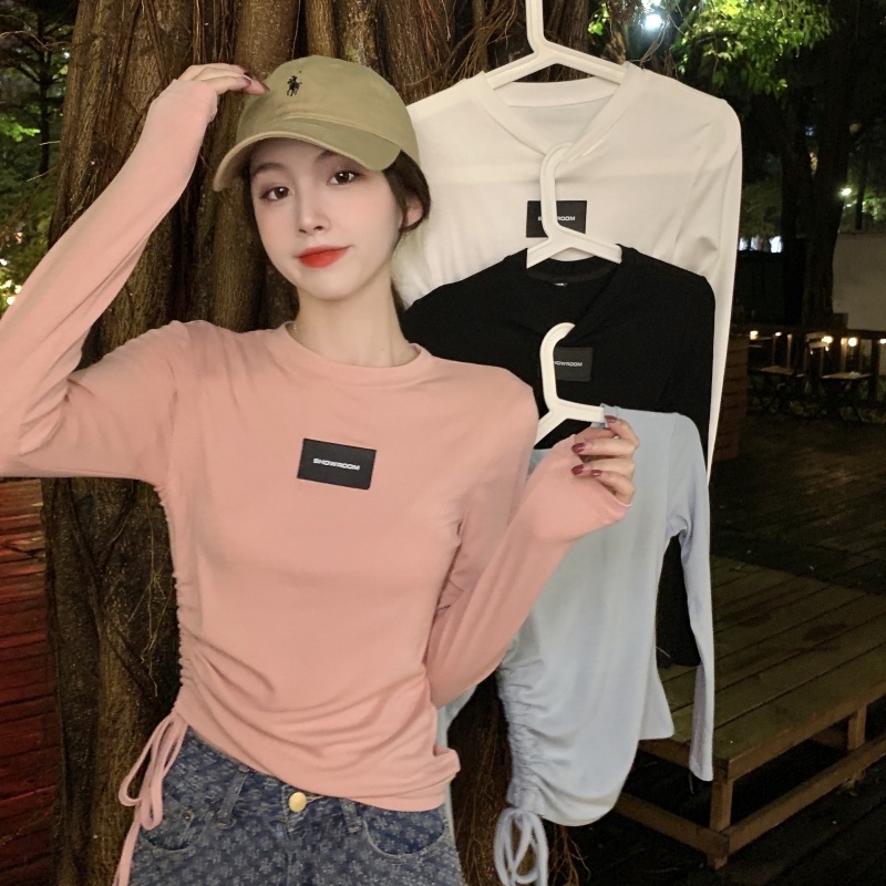 ZHELIHANGFEI Áo Thun Tay Dài Cổ Tròn Dáng Ôm Phối Dây Rút Cá Tính Trẻ Trung