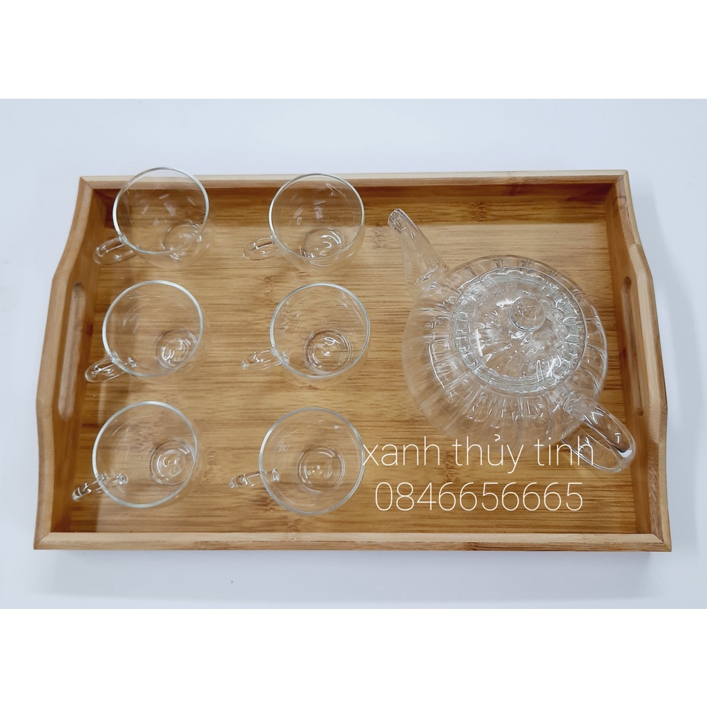 Bộ ấm trà thủy tinh, ấm sọc bí 600ml + 6 chén quai 80ml (AT28+CT1 không đĩa)