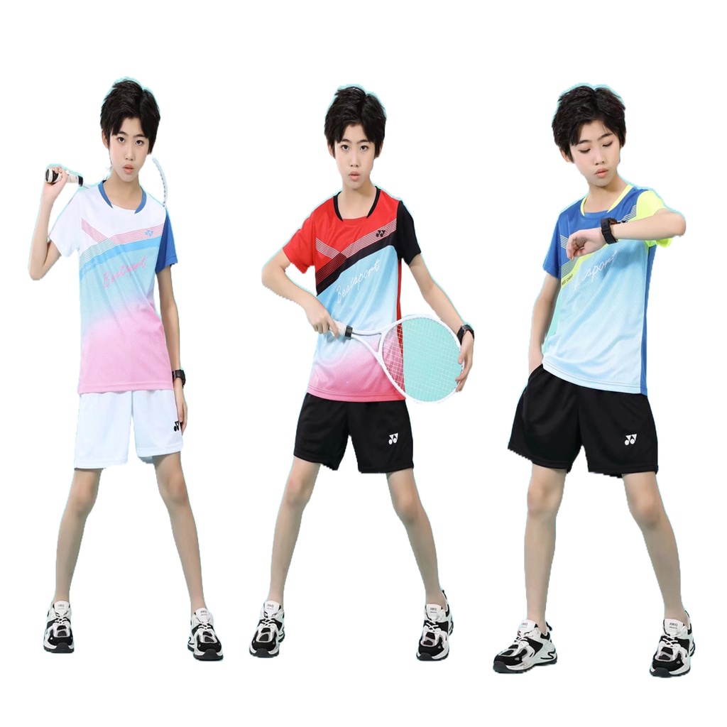 YONEX Bộ áo cầu lông Jersey Top cho Trẻ em Unisex NO.6244 Áo ngắn tay + KHÔNG. 9003 Quần Ngắn Màu Đen Bộ Áo Cầu Lông Trắng Đỏ Xanh Cho Bé 2-13 Tuổi Size XS-3XL