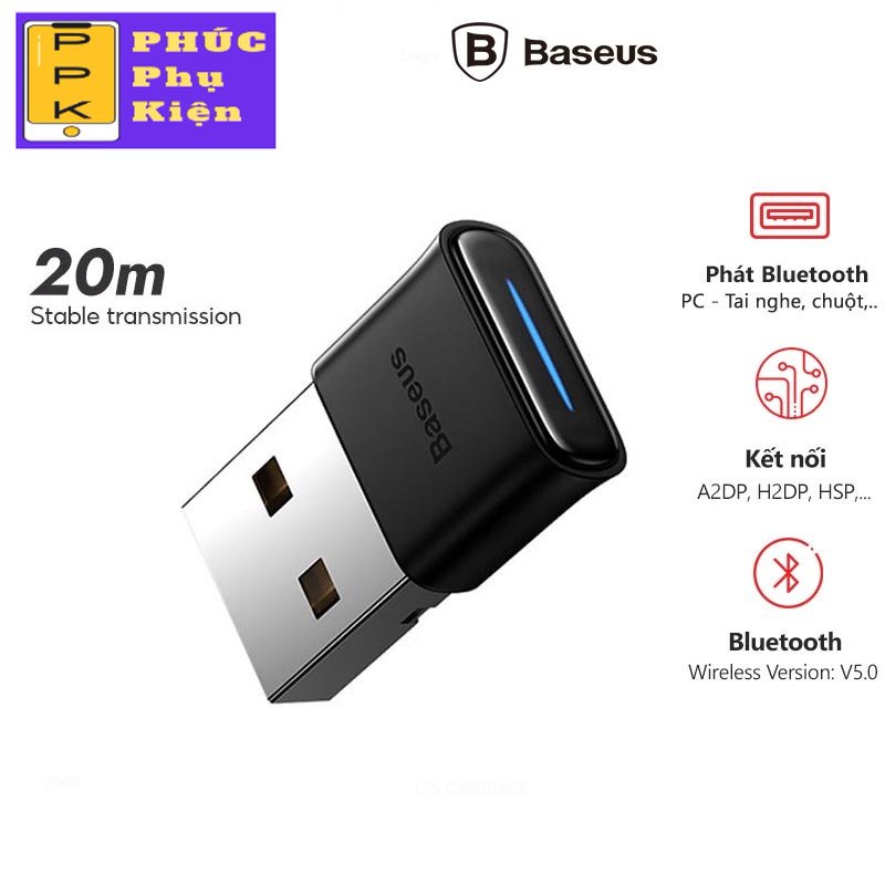 USB Phát Bluetooth 5.0 Cho PC BASEUS Wireless Adapter Phạm Vi Truyền 20m Kết Nối Cho Laptop, Bàn Phím, Chuột, tai - PPK