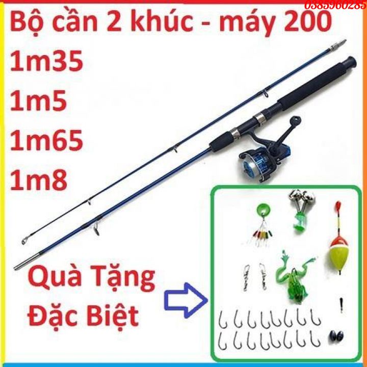 (TẶNG 1GIO ĐỰNG CÁ VÀ TRỌNG BỘ PK)Bộ cần câu máy cần câu 2 khúc đặc kèm + máy câu 200 cuốn sẵn 100m cước+phụ kiện