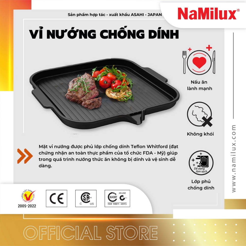 Chảo Nướng/Vỉ Nướng Chống Dính Không Khói NaMilux│Phủ Lớp Chống Dính Teflon Whitford│Có Rãnh Thoát Mỡ│Hàng Chính Hãng