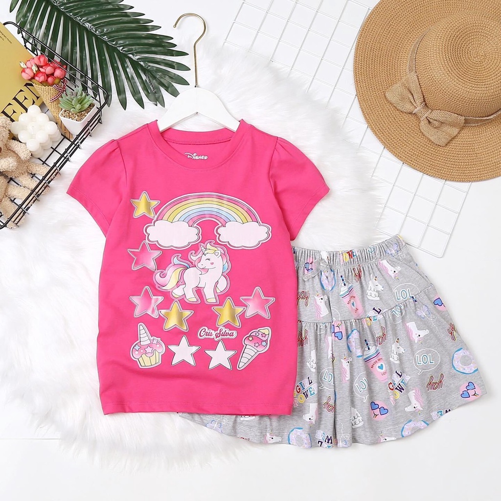 Bộ váy cotton Bé Gái size đại-Set Áo Cộc Tay Chân Váy Xòe Kèm quần chip in hình công chúa siêu đáng yêu