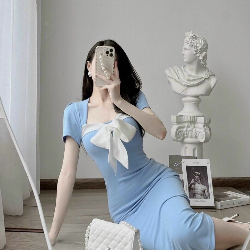 Đầm Body nơ ngực chất thun co dãn 4 chiều dày dặn