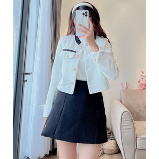 Áo dạ tweed nữ A.366, Áo khoác dạ trắng cổ viền đen dài tay dáng ngắn phong cách Hàn Quốc - Thời trang nữ Chấm Bi